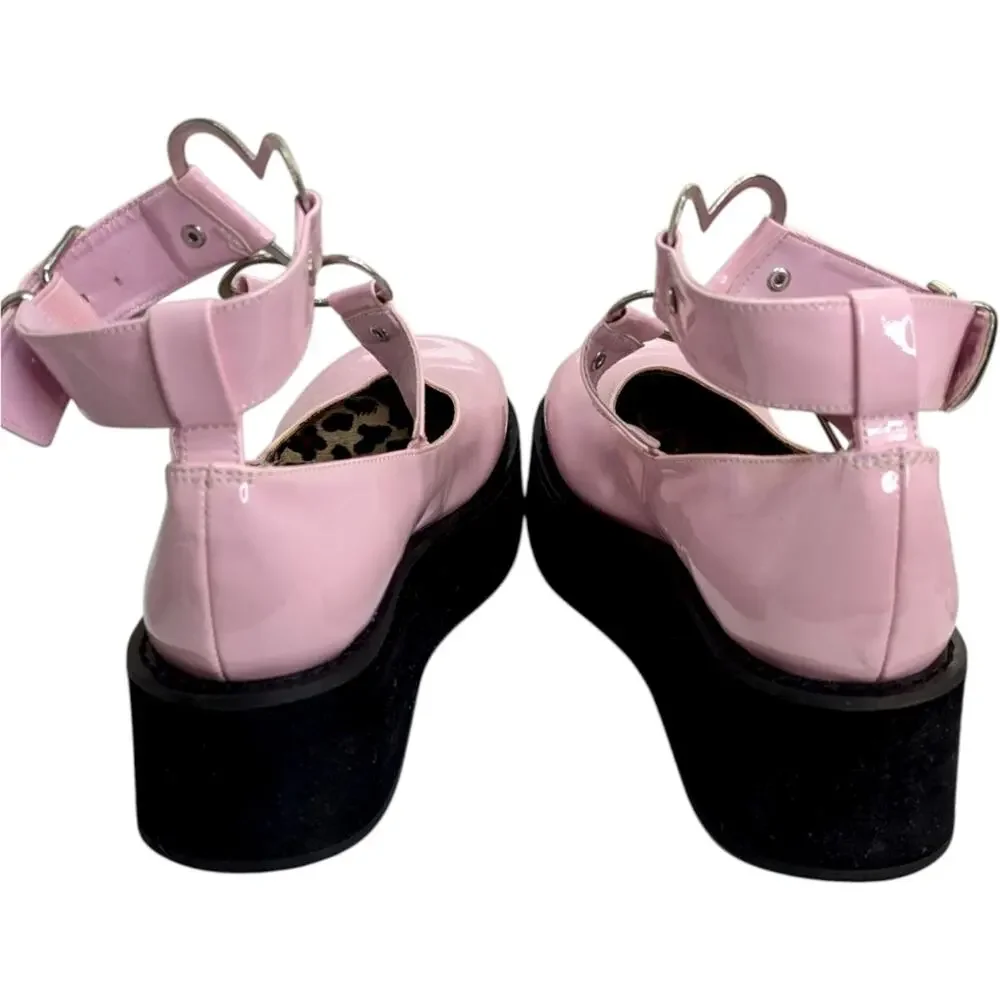 Demonia Sprite O2 Baby Pink Patent Platform Mary Jane 6 Heart Strap Lolita Goth - Picture 4 of 11